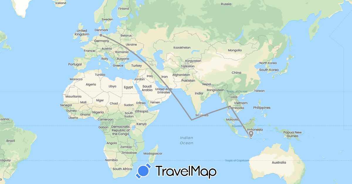 TravelMap itinerary: driving, plane in Germany, Indonesia, Maldives, Thailand (Asia, Europe)